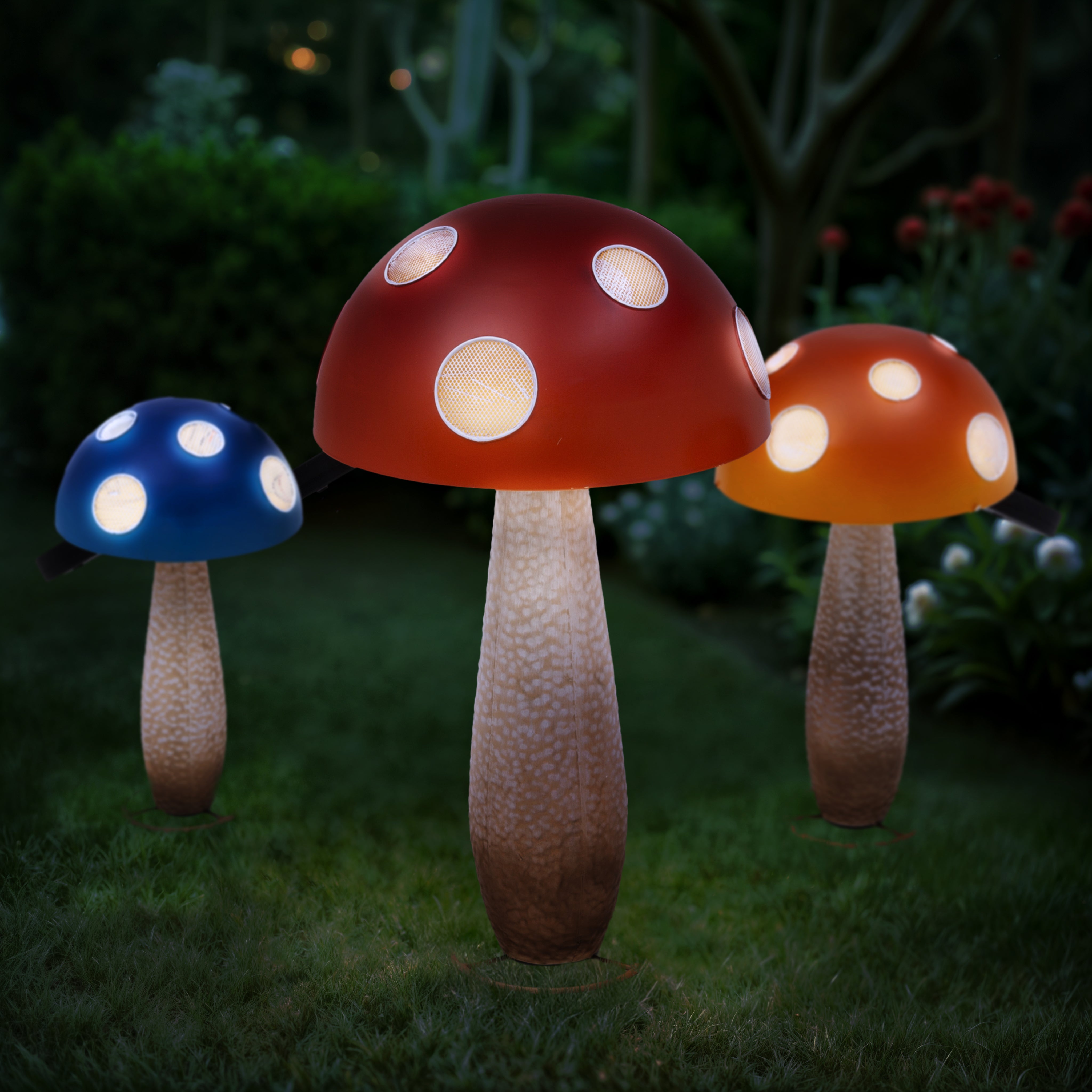 Enchanting Outdoor Garden Solar Lighted Mushrooms with Ground Stake Set of 3